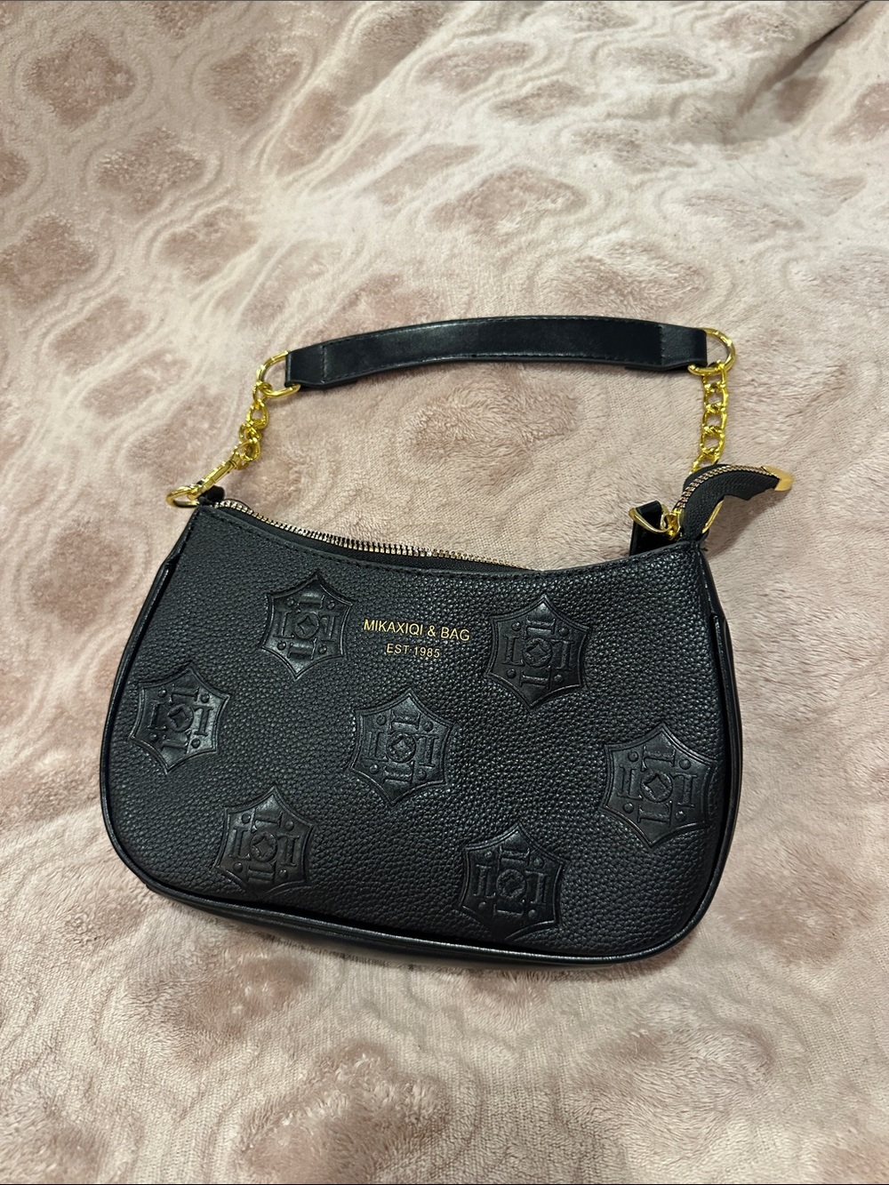 MIKAXIQI Black Embossed Leatherette Shoulder Bag with Gold Chain Accent